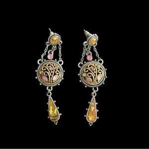 VTG Silver and Gold Tone Filigree Dangle Teardrop Pink Yellow Rhinestones